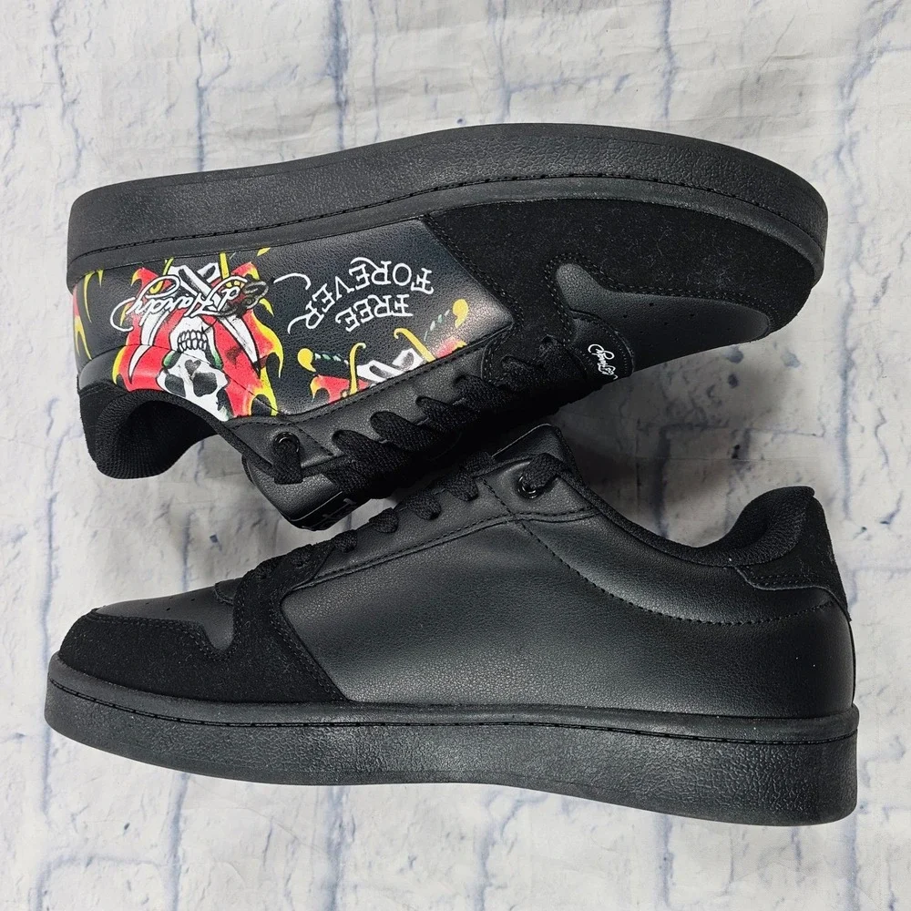 Ed Hardy Sneakers Mens 10.5 Black Free Forever Skull Flame Tattoo Art Low Shoes